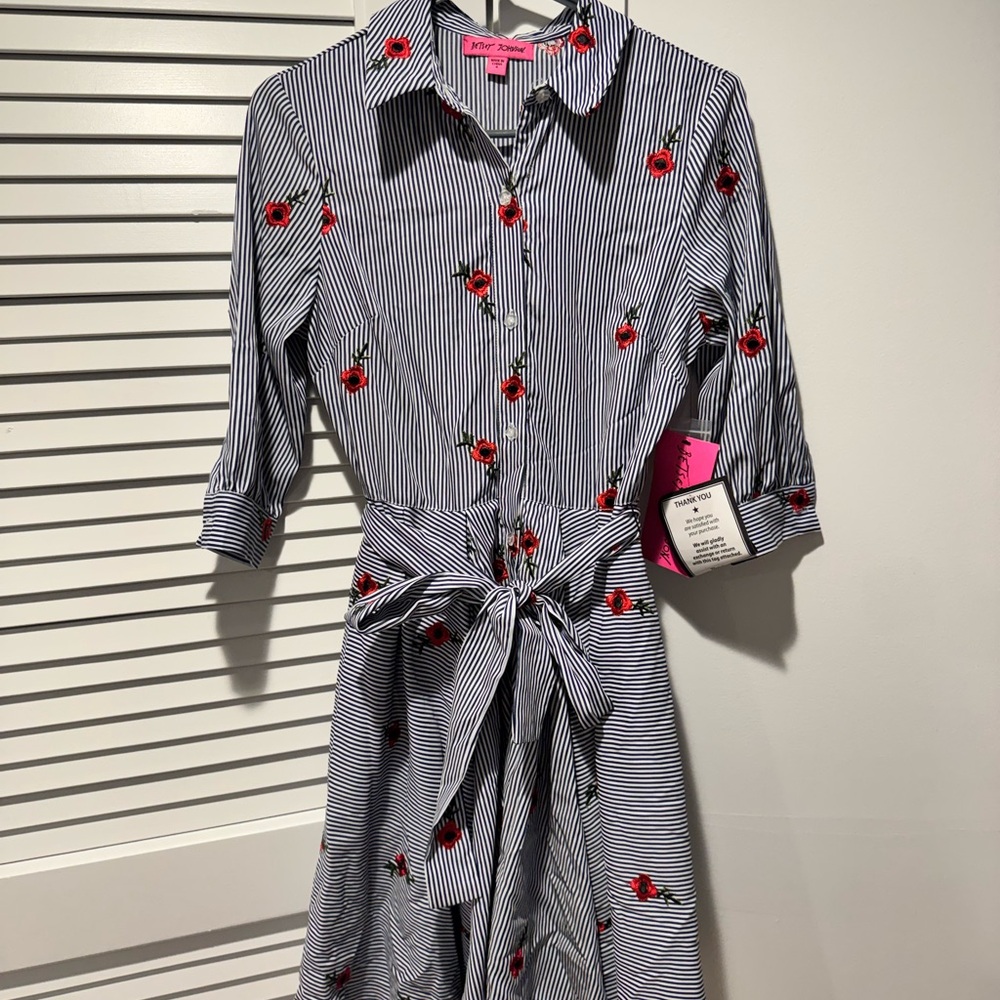 Betsey Johnson Black and White Striped Dress with Red Floral Accents